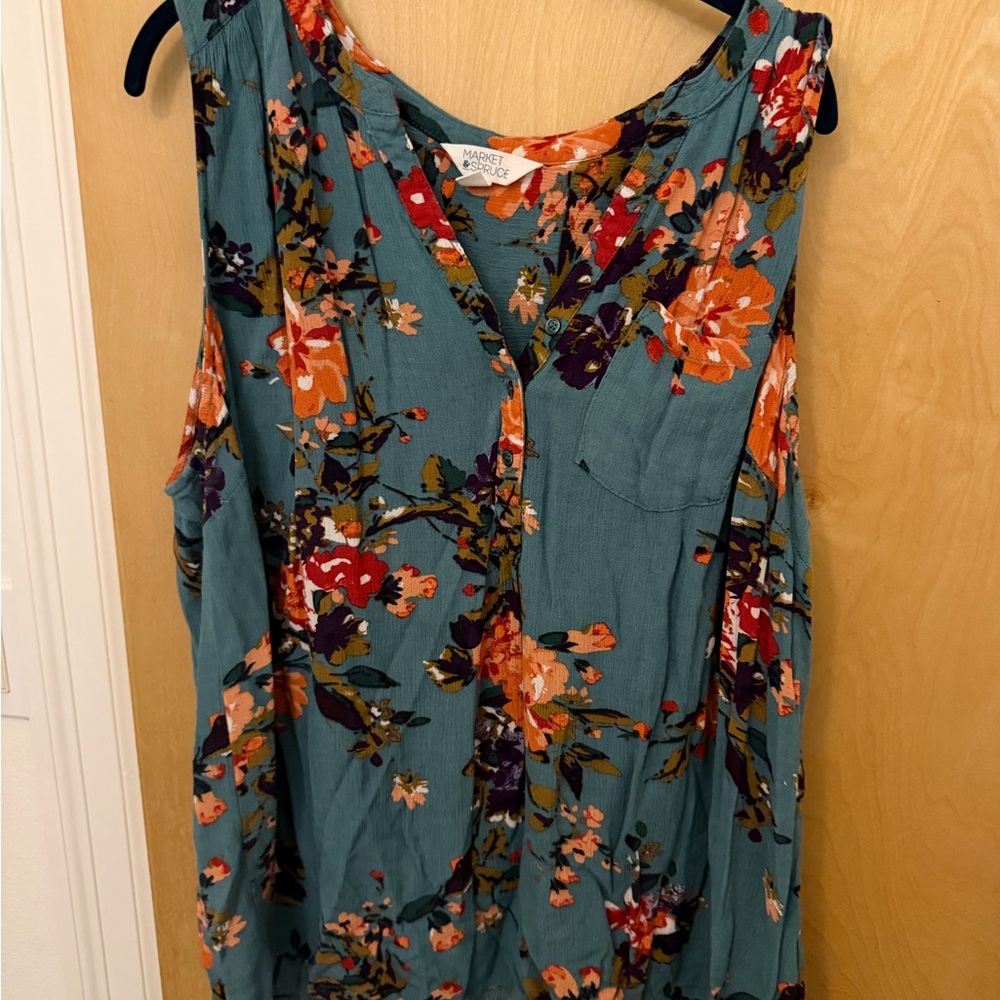 Market & Spruce Teal and Orange Floral Blouse